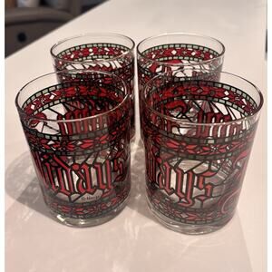 VINTAGE SET OF 4 HOUZE HAPPY HOLIDAYS CERA STAINED GLASS MCM TUMBLERS BARWARE